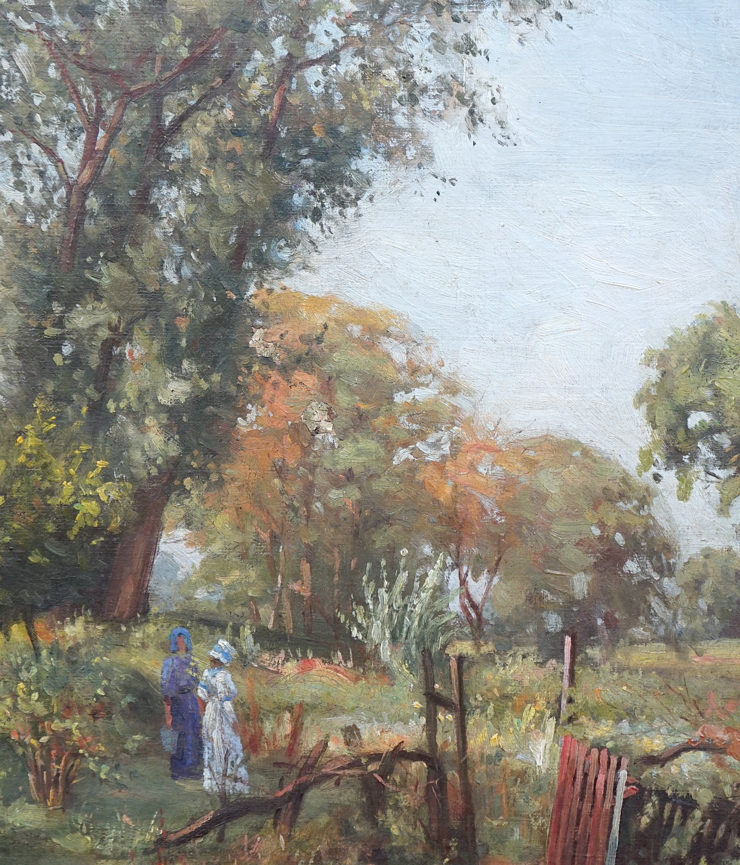 French School, oil on canvas board, Two women in a landscape, 35 x 29cm